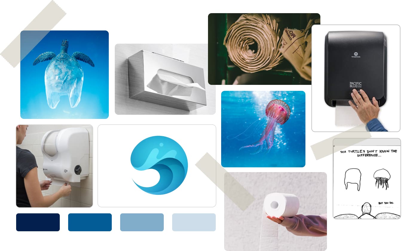 Moodboard with images like tissue dispenser, plastic bag shaped turtle, paper roll, color paletteand a jelly fish